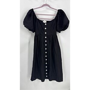 Pomander Place Tuckernuck Alexis Midi  Linen blend Puff Sleeve Black Dress L